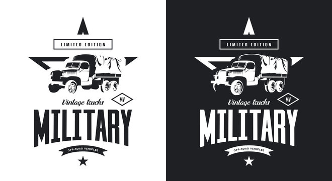 Vintage military truck black and white isolated vector logo. 
Premium quality old vehicle logotype t-shirt emblem illustration. American off-road car street wear hipster retro tee print design.