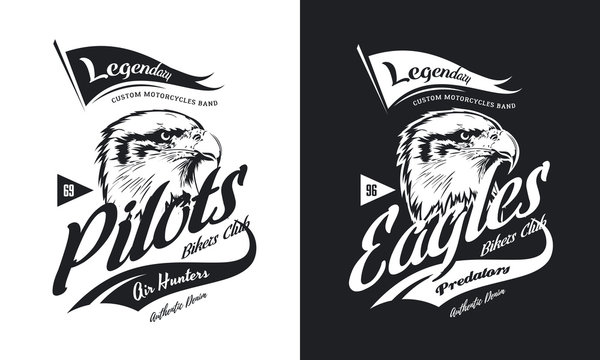 Vintage American furious eagle custom bikes motor club t-shirt black and white isolated vector logo.
Premium quality bikers band logotype tee-shirt emblem illustration. 