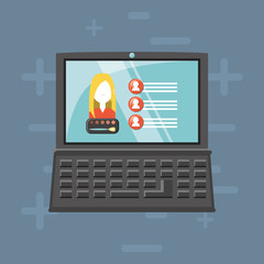 Viral content design with laptop computer with social profile on screen over blue background, colorful design. vector illustration