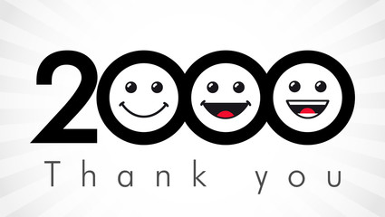 Obraz premium Thank you 2000 followers numbers. Congratulating black and white thanks, image for net friends in 3 three colors, customers likes, % percent off discount. Round isolated emoji smiling people faces.