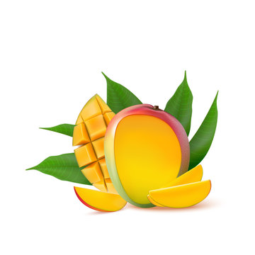 Mango fruit for fresh juice, jam, yogurt, pulp. 3d realistic yellow, red, orange ripe mango cubes and leaves isolated on white background for packaging, web design.