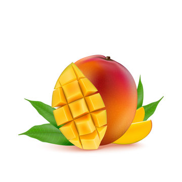 Mango fruit for fresh juice, jam, yogurt, pulp. 3d realistic yellow, red, orange ripe mango cubes and leaves isolated on white