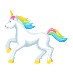Fantasy pretty white unicorn with colorful mane. Cartoon illustration