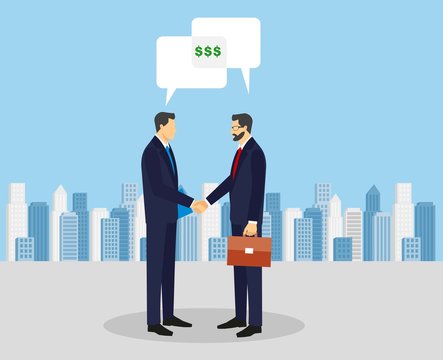 Business concept vector illustration in flat cartoon style. Business people shaking hands. Businessmen making a deal. Money investment concept.