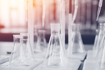 Flasks. A set of liquids in flasks, concept chemistry, experiments to determine and analyze water hardness