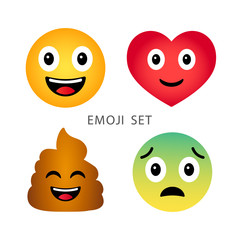 Emoji set. Cute funny cartoon emotional heart, poop, happy and sad emoticons