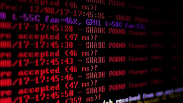 Mining Cryptocurrency process program on display PC. Using Software. Share Found.