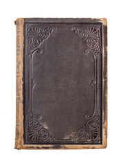 Antique book or novel with story titles on spine. Weathered leather cover of a thick vintage book.