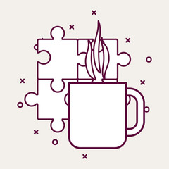 Puzzle pieces and hot coffee mug over white background, vector illustration