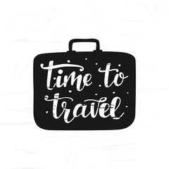 Travel label with hand written lettering inscription in suitcase silhouettes