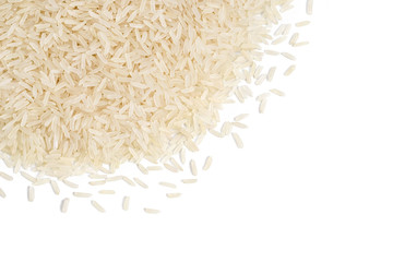 Parboiled rice isolated on white background. Copy space. Top view, close up, high resolution product. Healthy food concept