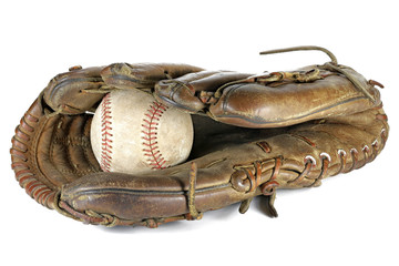 worn baseball and glove isolated on white background