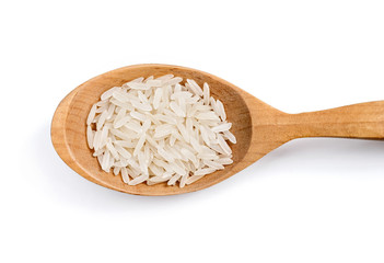 Healthy food. Wooden spoon with parboiled rice isolated on white background. Top view. Close up. High resolution product