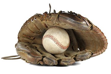 worn baseball and glove isolated on white background