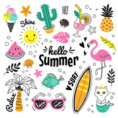 Hello Summer collection. Vector illustration of colorful funny doodle summer symbols, such as flamingo, ice cream, palm tree, sunglasses, cactus, surfboard, pineapple and watermelon. © nadzeya26