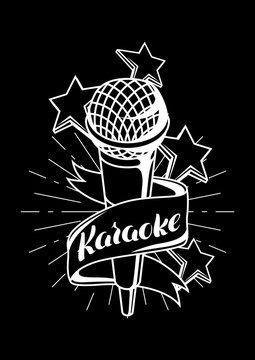 Karaoke party label. Music event background. Illustration with microphone in retro style