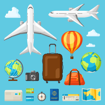 Set of travel objects in flat style