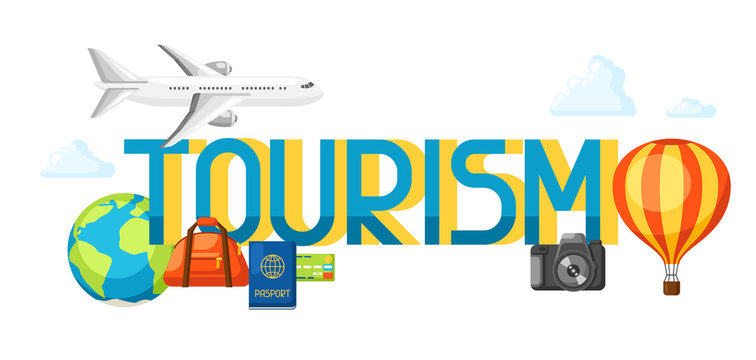 Travel concept illustration with tourist items and word