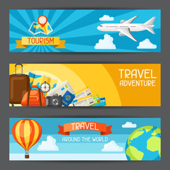 Travel banners. Traveling backgrounds with tourist items