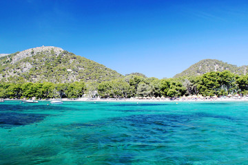 Spain. Palma de Majorca. Blue water of Mediterranean  sea. Fantastic view on beach. Beautiful background