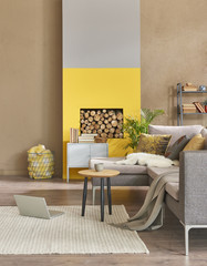 modern home luxury room with grey sofa and yellow fireplace with woods and laptop style.