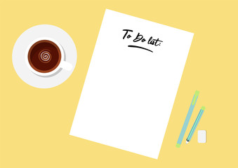 Flat template sheets of paper on the desktop. Blank sheets of paper, pen, pencil and coffee cup. Workspace vector illustration, preparation for work, sketches, notes.