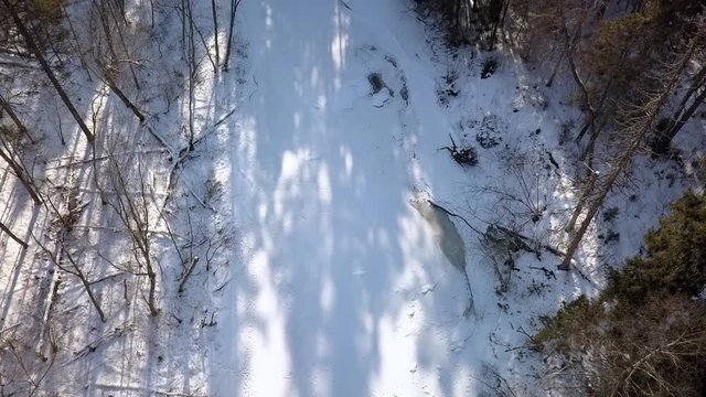 Winter walk along river drone