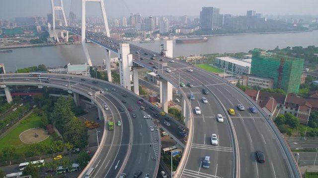 SHANGHAI, CHINA - MAY 5, 2017: Aerial view of Nanpu bridge highway junction, modern architecture