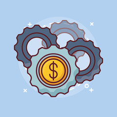 Gears and money coin over blue background, colorful design vector illustration