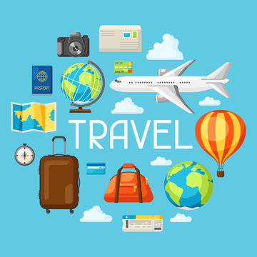 Travel concept illustration. Traveling background with tourist items