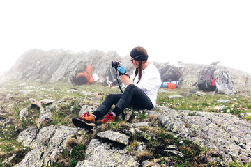 Girl travels in the mountains.