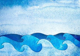 Fototapety  Streszczenie ręcznie rysowane ilustracja. Morska aplikacja z papieru malowanego akwarelą. Twórcze tło.