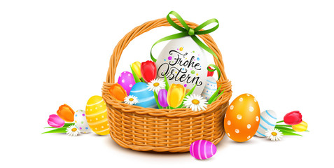 Frohe Ostern - Osterkorb Dekoration mit bunt bemalten Ostereiern und Blumen 