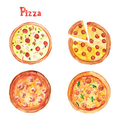 Watercolor hand drawn sketch illustration set of pizza with different fillings and lettering Pizza isolated on white