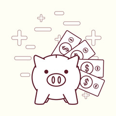 Piggy bank and money bills over white background vector illustration