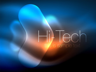 Blurred arrows in dark space. Neon pointers, glass glossy design, abstract shiny techno background, web banner