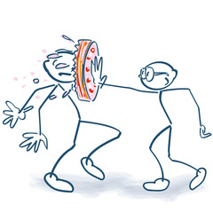 Strichmännchen mit Torte im Gesicht und Tortenschlacht