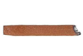 Brown cigar burned, white background