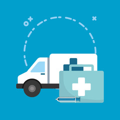ambulance and first aid kit over blue background, colorful design vector illustration