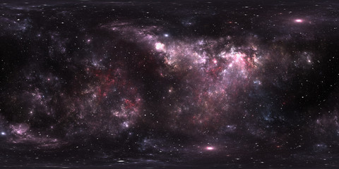 360 Equirectangular projection. Space background with nebula and stars. Panorama, environment map. HDRI spherical panorama.