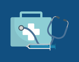First aid kit with stethoscope  and injection over blue background vector illustration