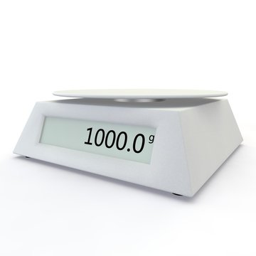 Electronic scales show 1000 grams, on a white isolated background. There is a free space for your design