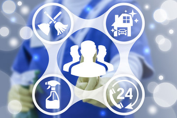 Cleaner worker pressing button cleaners command on a virtual interface. Professional Teamwork Cleaning Services. Cleanup Team House Car Office Business concept. Cleaner Group.