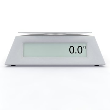 Electronic scales show 0 grams, on a white isolated background. There is a free space for your design