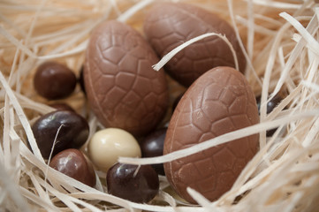 closeup of easter chocolate eggs in a nest