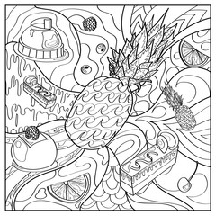 Drawing for coloring, page for coloring with desserts, pastries, cupcakes and pineapple