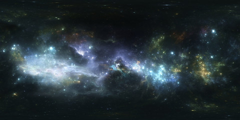 360 Äquirechteckige Projektion. Weltraumhintergrund mit Nebel und Sternen. Panorama, Umgebungskarte. Sphärisches HDRI-Panorama.