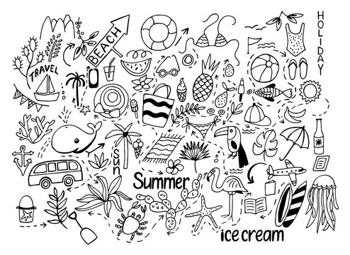 Summer set with cut images. Line art illustration with things fo