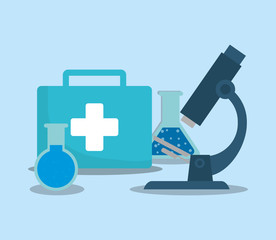 Microscope and first aid kit over blue background. colorful design vector illustration