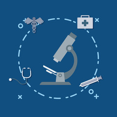 Microscope and medical service related icons around over blue background, colorful design vector illustration